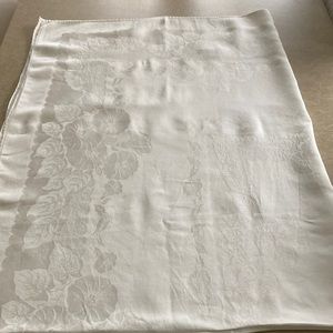 Vintage cotton white on white floral pattern tablecloth, approx. 60” W x 82” L